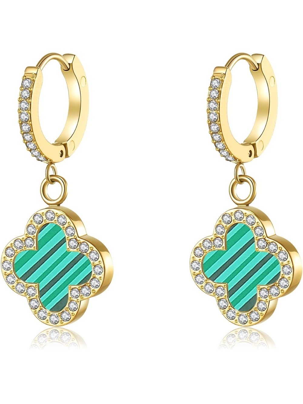 18K Gold Plated Green Clover Huggie Drop Earrings